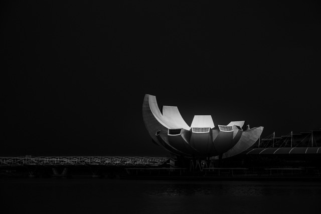 ArtScience Museum at night, black and white - Contemporary Architecture in Singapore by Ravi Jambunathan