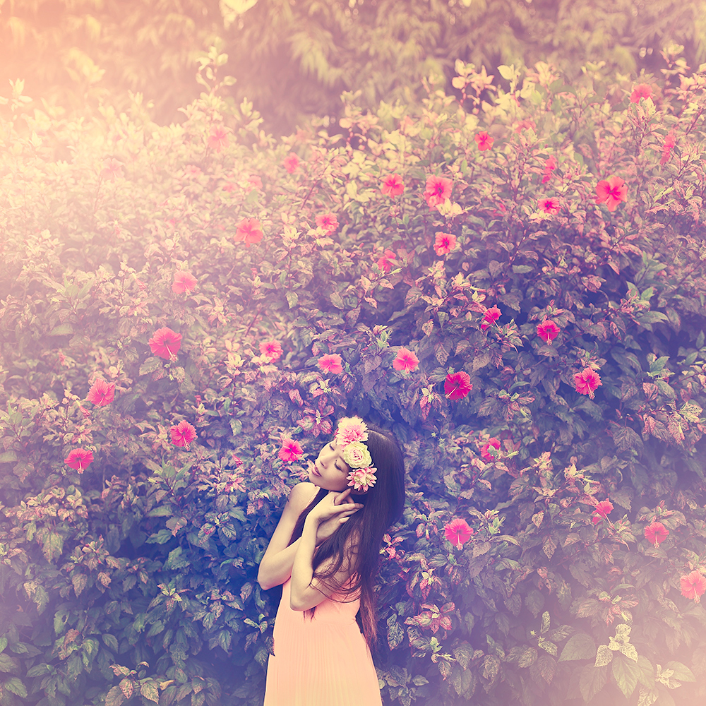 Girl standing among pink flowering bushes - surreal photo by Cathryn Mok