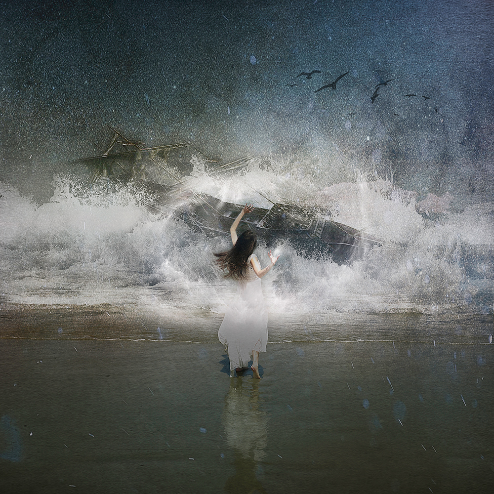 Woman in misty water with a swan and birds - surreal photo by Cathryn Mok
