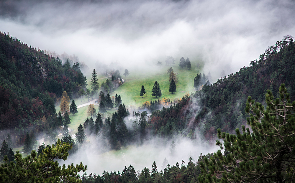 Zavrsnica valley in the fog, Slovenia - landscape by Ales Krivec