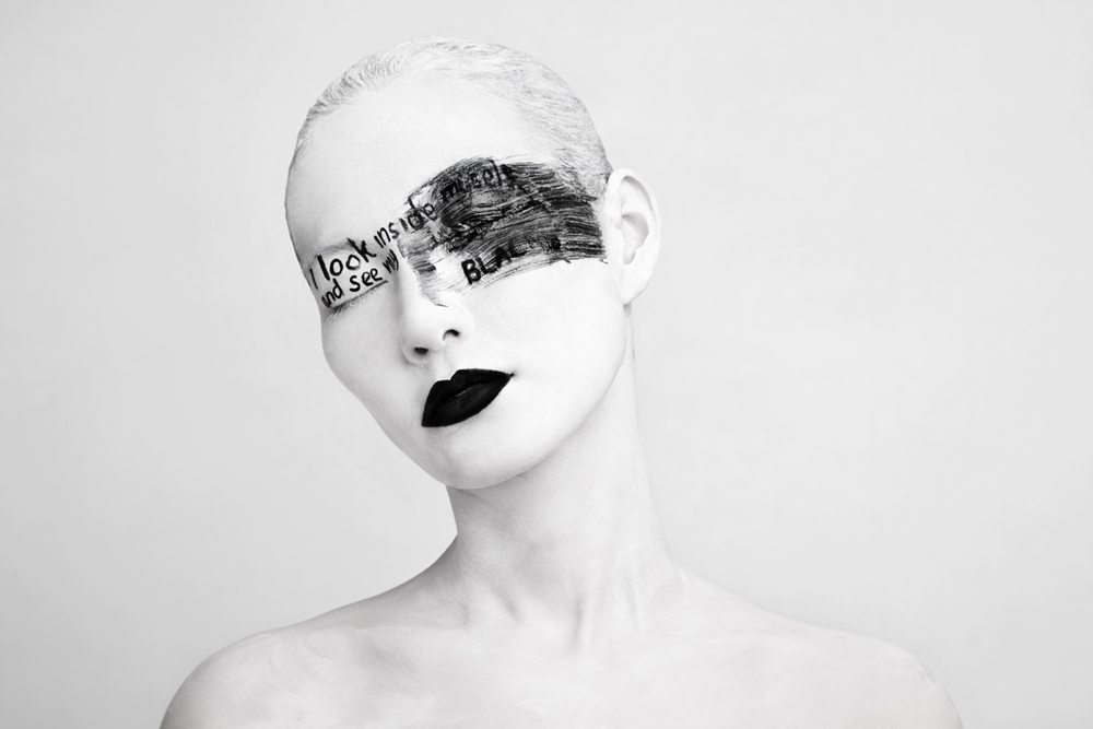 Woman with a black lace eye band and black lipstick - Metamorphosis Black Butterfly by Olga Volodina
