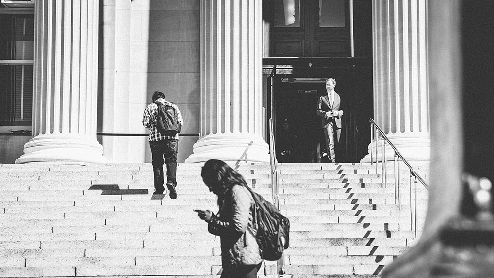 People on the steps of a columned building - New Yorkers by Lebrvn Creations