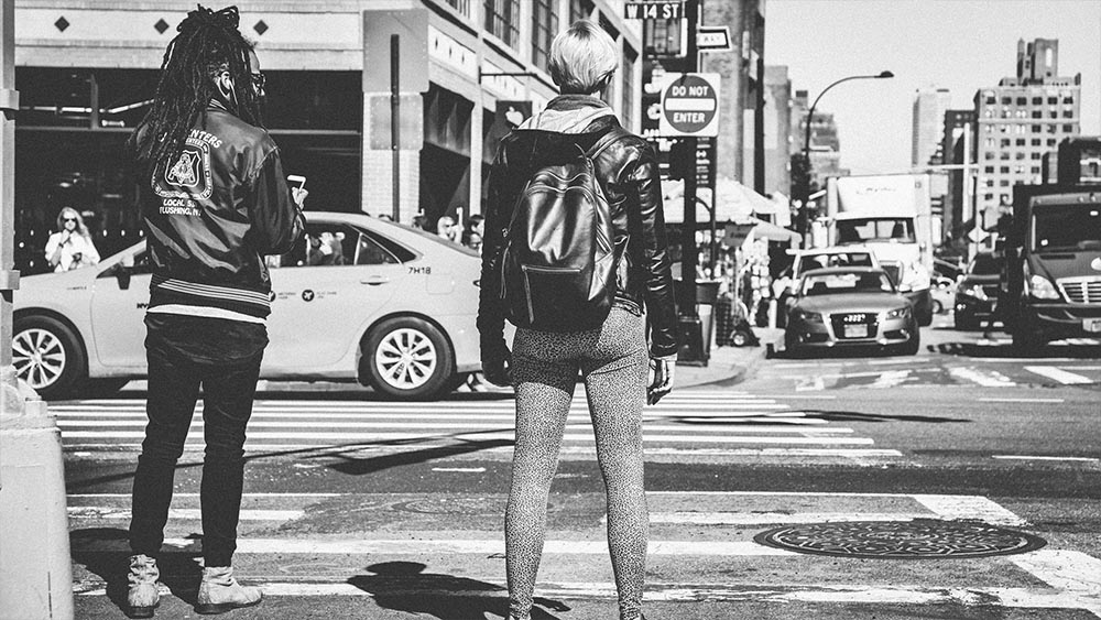Two young men with backpacks crossing an avenue - New Yorkers by Lebrvn Creations