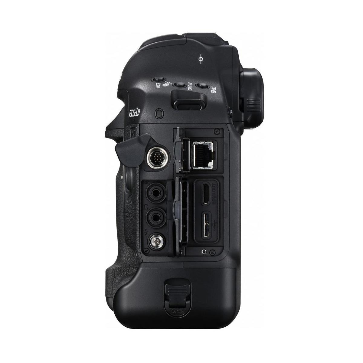 Side view of the Canon EOS-1D X Mark II showing covered connection ports
