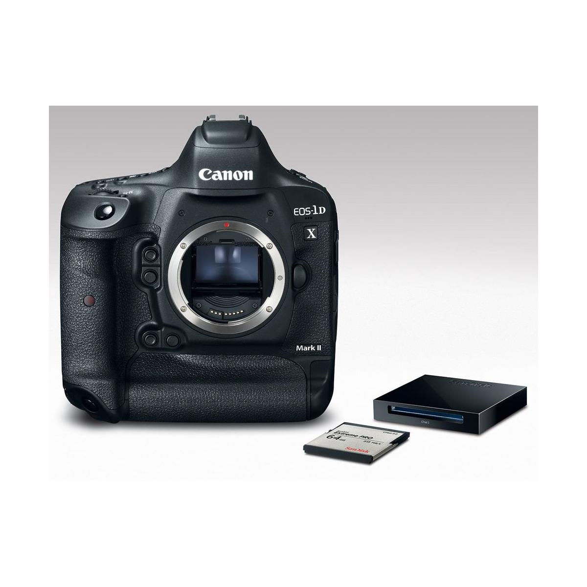 Canon EOS-1D X Mark II pictured with a CFast card and reader