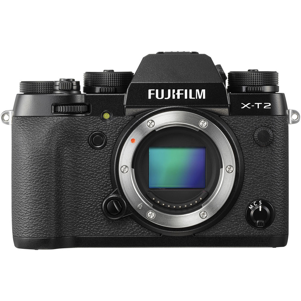 Front view of the original Fujifilm X-T2 body showing its sensor and X lens mount