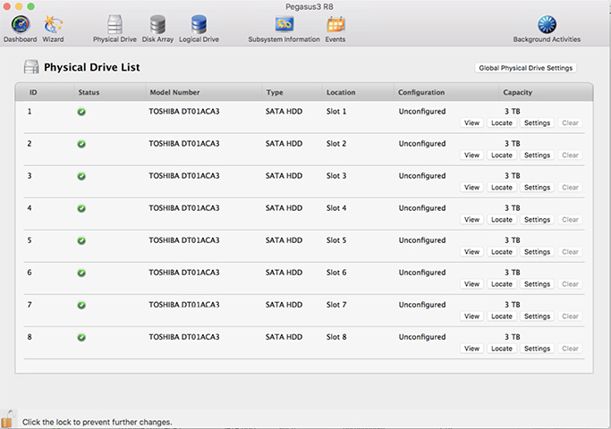 Promise Pegasus3 R8 Utility physical-drive list, a historical new-setup example