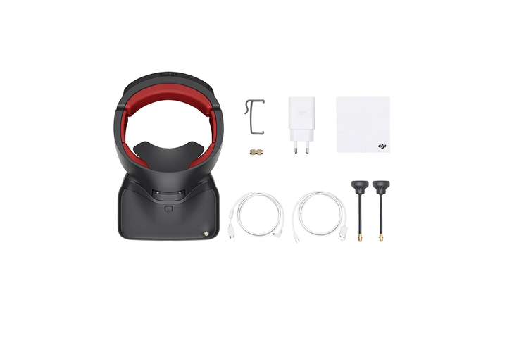 DJI Goggles Racing Edition with included antennas, cables, charger and accessories laid out