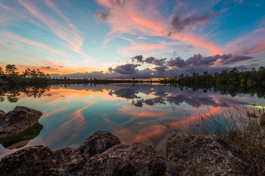 Pink sunset clouds and shoreline rocks reflected in still water at Everglades National Park, Florida