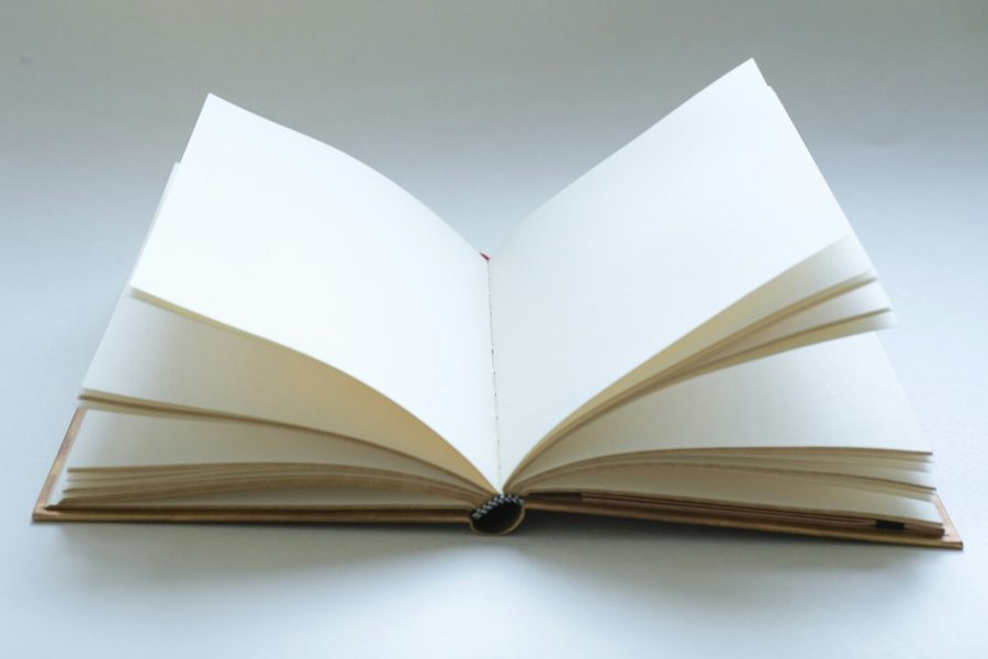 An open hardcover book with blank cream pages fanned out and a visible spine on a pale surface