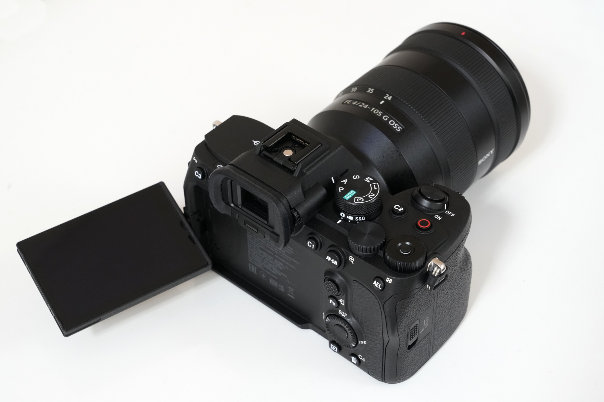 Sony Alpha 7 IV rear controls and articulated screen with FE 24-105mm G lens