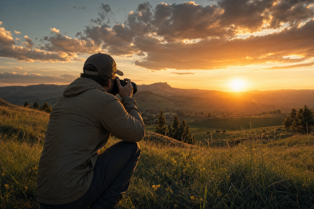 Photographer in action holding a camera at golden hour, environmental context, natural light