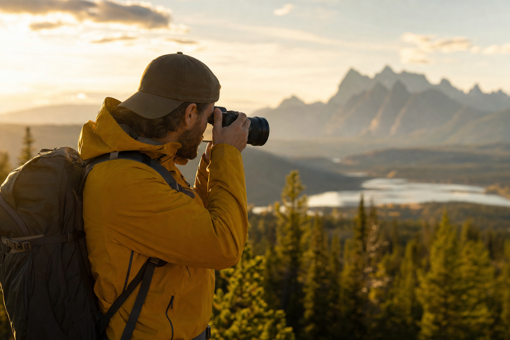 Photographer in action holding a camera at golden hour, environmental context, natural light