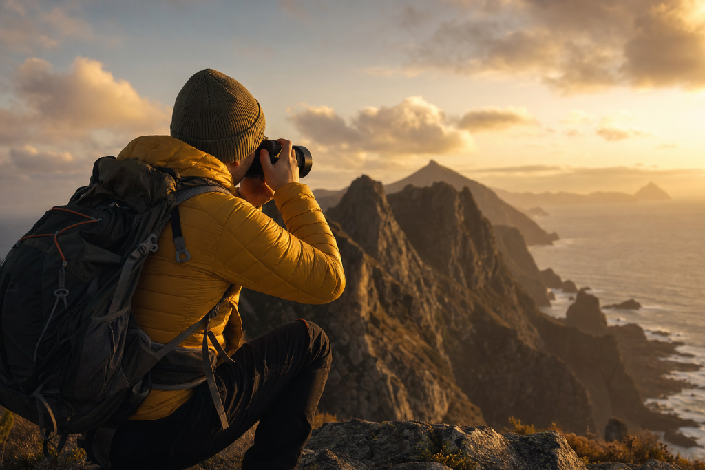Photographer in action holding a camera at golden hour, environmental context, natural light
