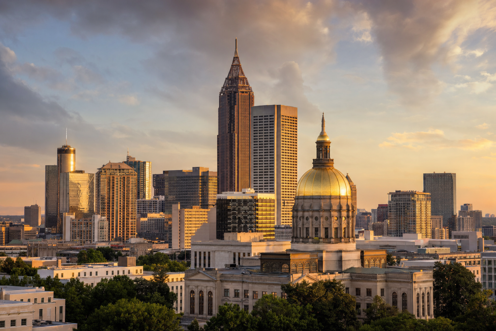 Wide-angle cinematic skyline of Atlanta at golden hour, iconic landmarks visible, dramatic warm light