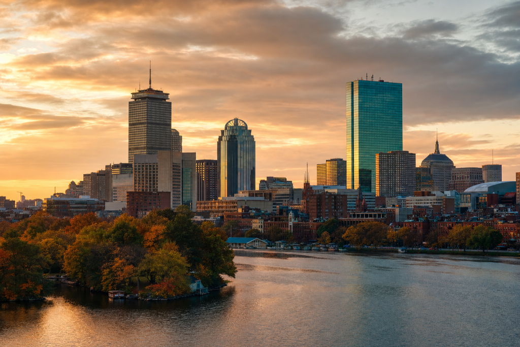 Boston at golden hour, iconic landmarks visible, dramatic warm light