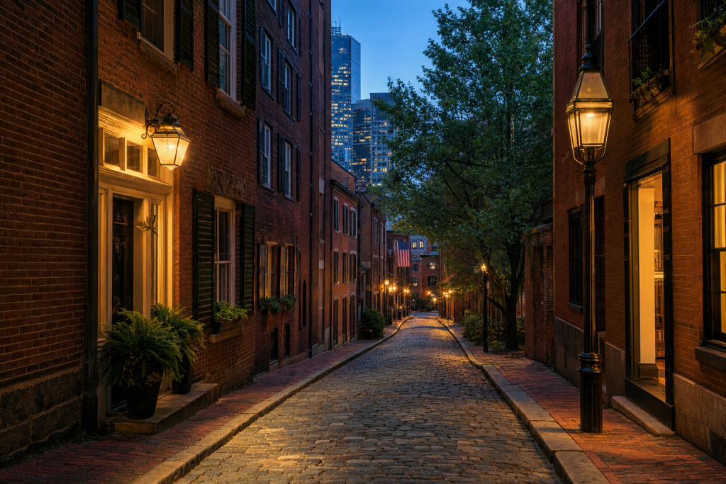 Street view in Boston, leading lines, architectural detail, blue hour with mixed ambient and street lighting