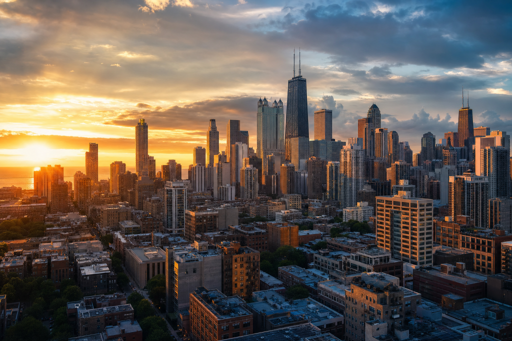 Wide-angle cinematic skyline of Chicago at golden hour, iconic landmarks visible, dramatic warm light