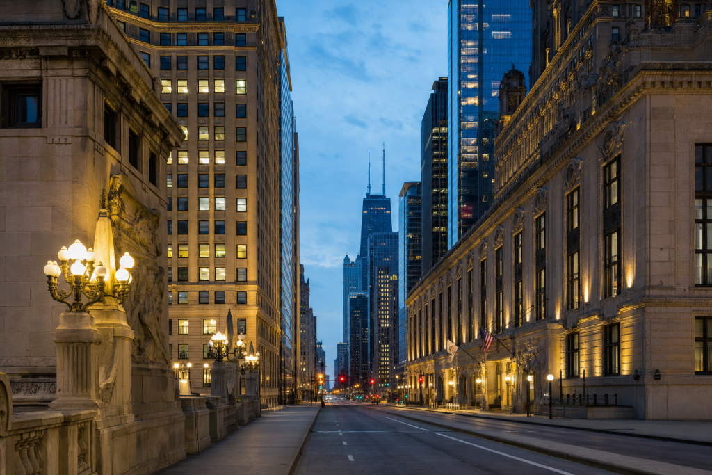 Street-level perspective in Chicago, leading lines, architectural detail, blue hour with mixed ambient and street lighting