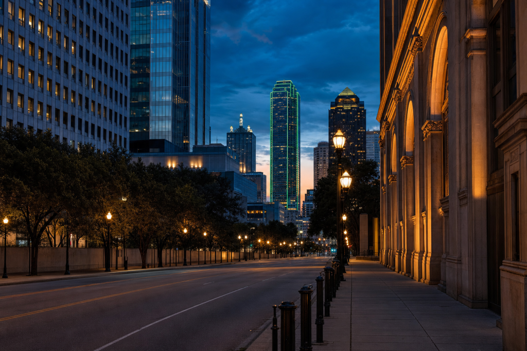 Street view in Dallas, leading lines, architectural detail, blue hour with mixed ambient and street lighting