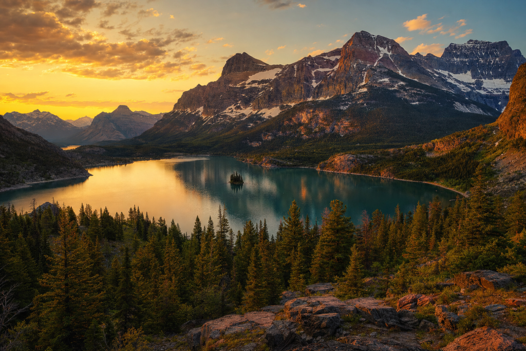 Glacier at golden hour, iconic landmarks visible, dramatic warm light