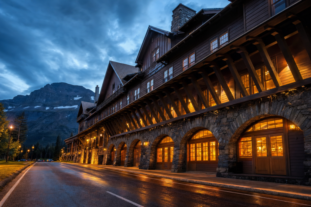 Street view in Glacier, leading lines, architectural detail, blue hour with mixed ambient and street lighting