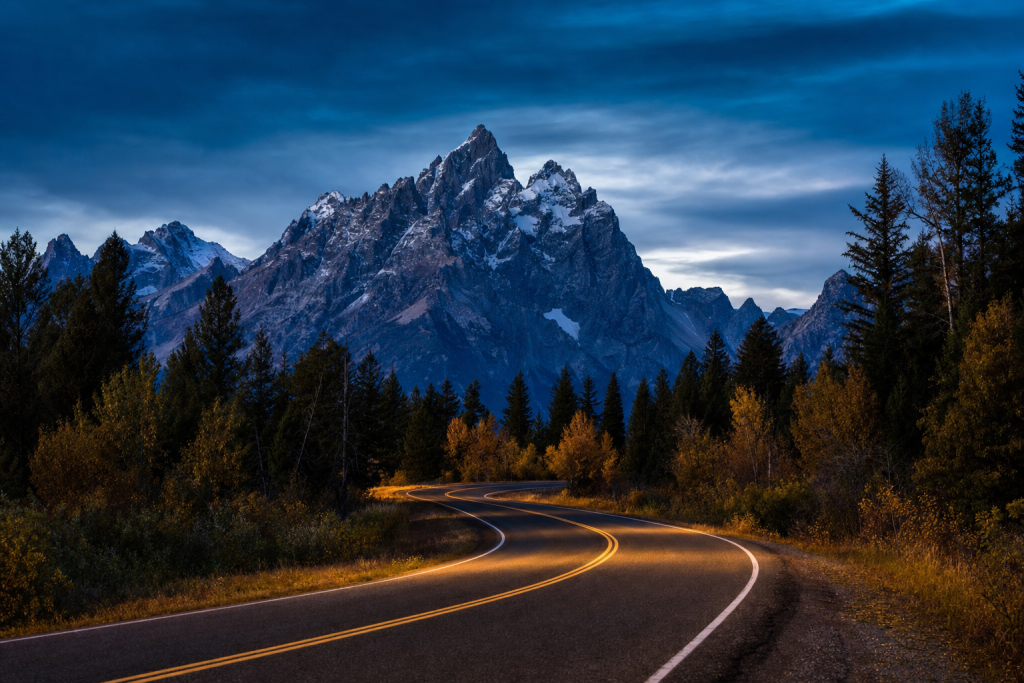 Street view in Grand Teton, leading lines, architectural detail, blue hour with mixed ambient and street