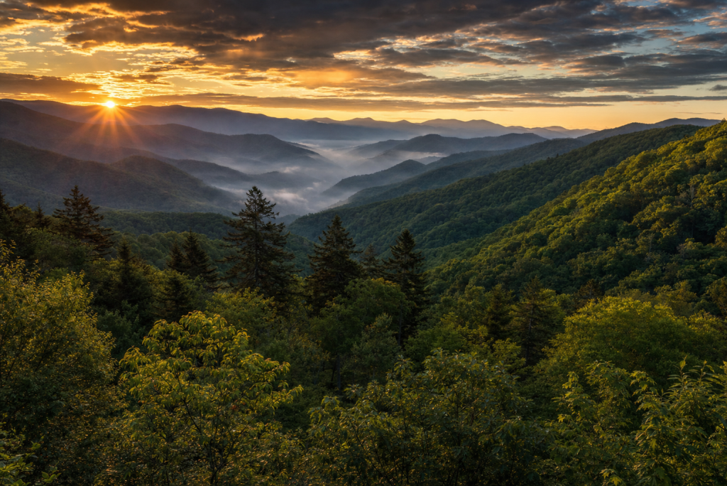 Wide-angle cinematic skyline of Great Smoky Mountains at golden hour, iconic landmarks visible, dramatic warm light