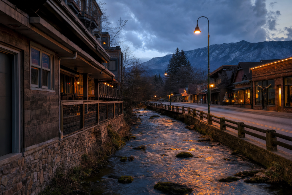Street-level perspective in Great Smoky Mountains, leading lines, architectural detail, blue hour with mixed ambient and