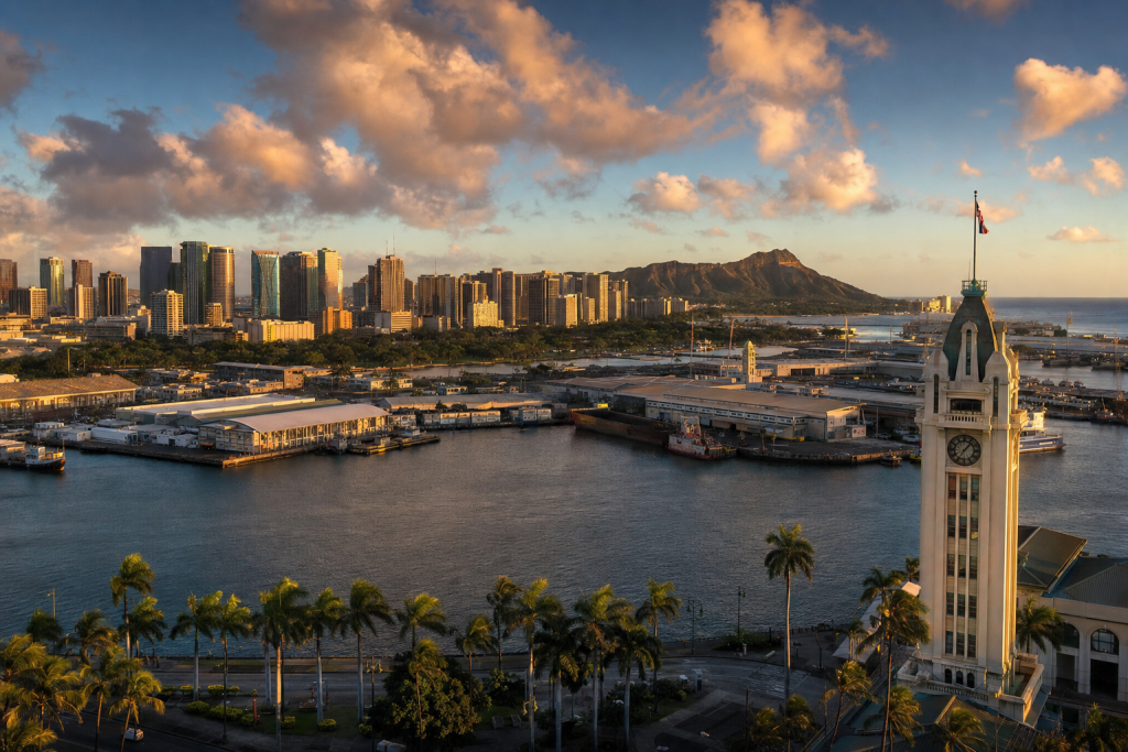 Wide-angle cinematic skyline of Honolulu at golden hour, iconic landmarks visible, dramatic warm light