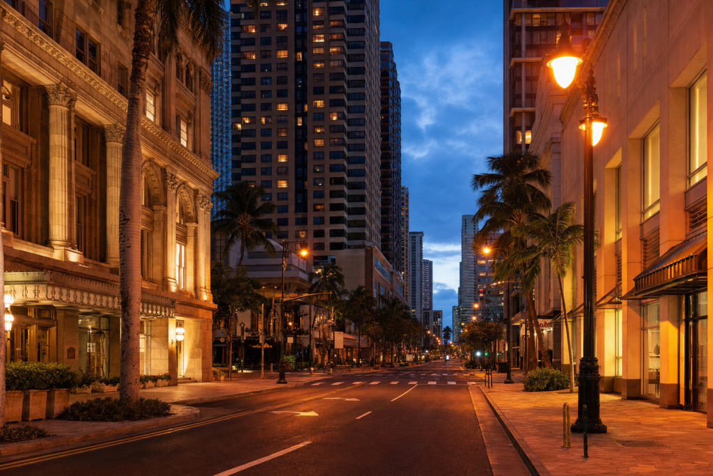Street-level perspective in Honolulu, leading lines, architectural detail, blue hour with mixed ambient and street lighting