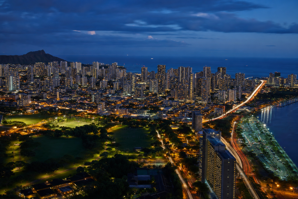 Atmospheric high-vantage view of Honolulu during blue hour, glowing city lights, subtle motion blur in traffic