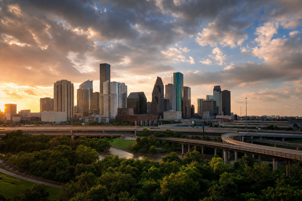 Houston at golden hour, iconic landmarks visible, dramatic warm light