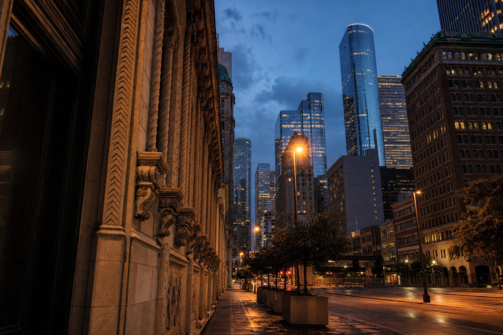 Street view in Houston, leading lines, architectural detail, blue hour with mixed ambient and street lighting