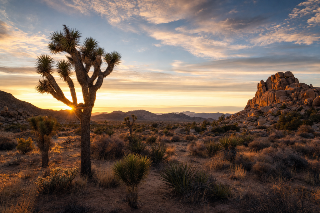 Wide-angle golden-hour view of joshua tree