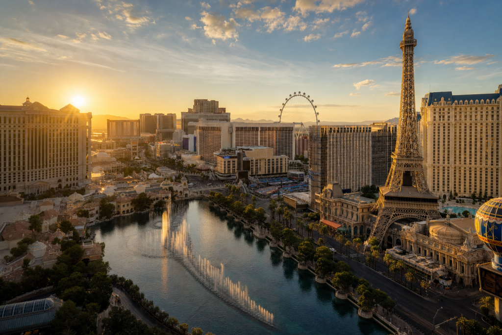 Las Vegas at golden hour, iconic landmarks visible, dramatic warm light