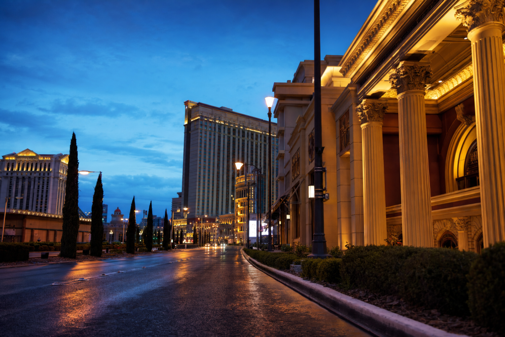 Street view in Las Vegas, leading lines, architectural detail, blue hour with mixed ambient and street lighting