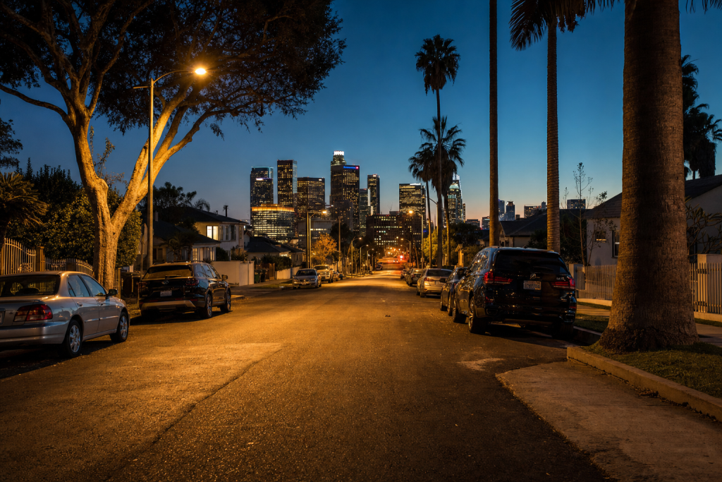 Street view in Los Angeles, leading lines, architectural detail, blue hour with mixed ambient and street