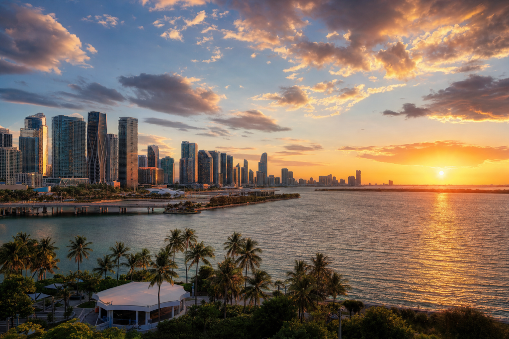 Wide-angle cinematic skyline of Miami at golden hour, iconic landmarks visible, dramatic warm light