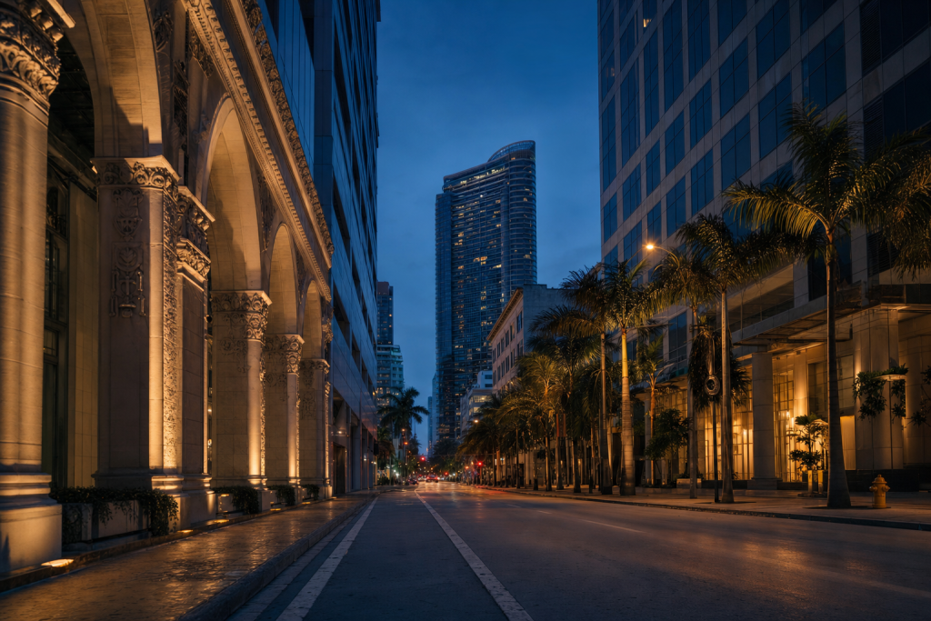 Street-level perspective in Miami, leading lines, architectural detail, blue hour with mixed ambient and street lighting
