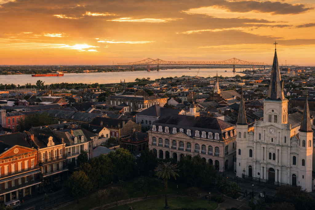 Wide-angle cinematic skyline of New Orleans at golden hour, iconic landmarks visible, dramatic warm light