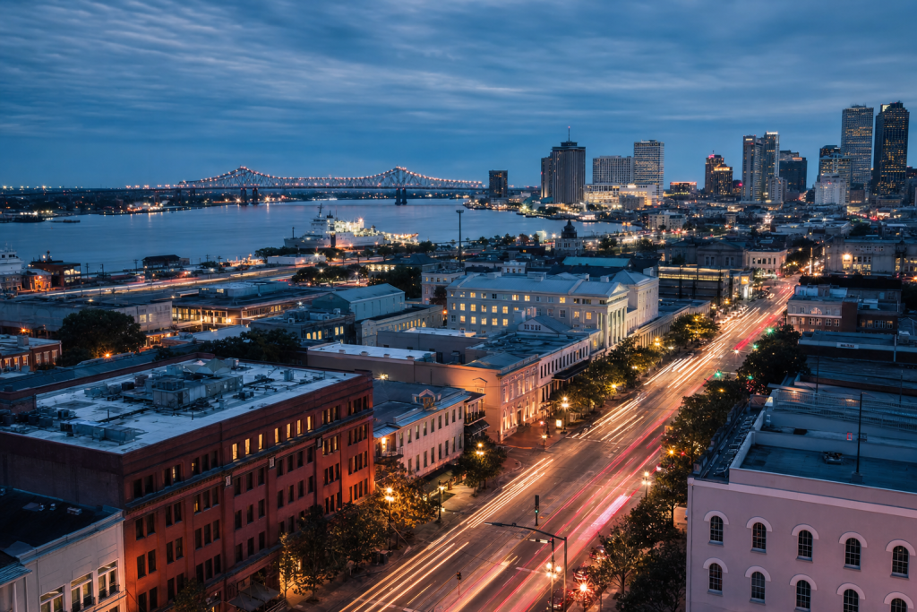 Atmospheric high-vantage view of New Orleans during blue hour, glowing city lights, subtle motion blur in traffic