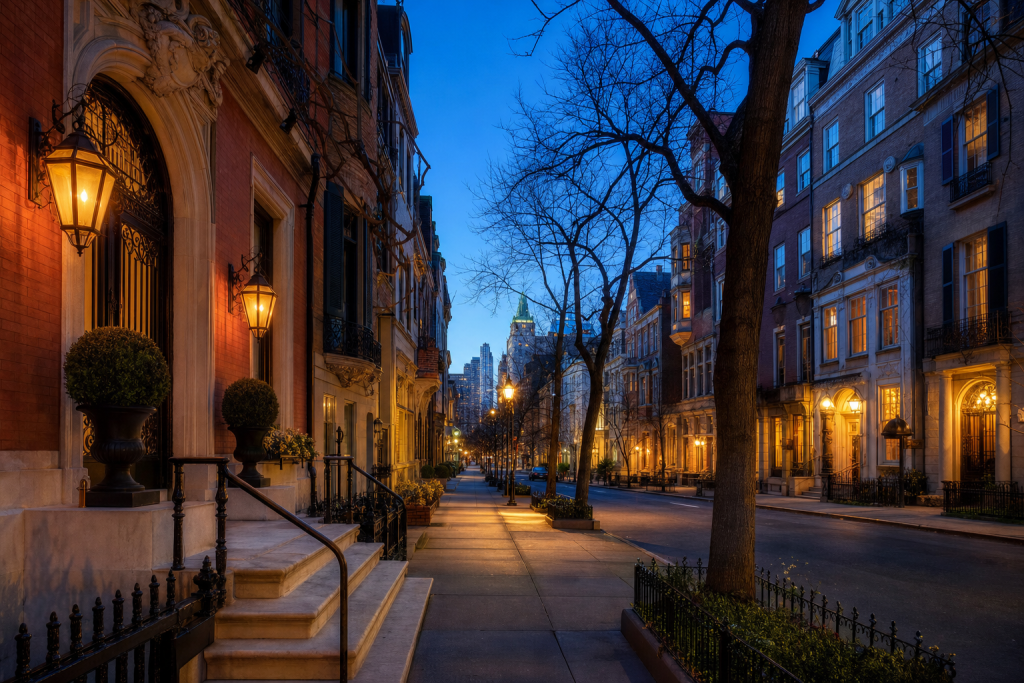 Street view in New York City, leading lines, architectural detail, blue hour with mixed ambient and street