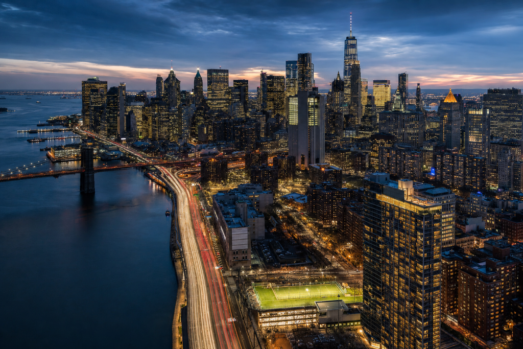 High-vantage view of New York City during blue hour, glowing city lights, subtle motion blur in traffic