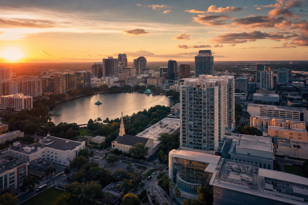 Orlando at golden hour, iconic landmarks visible, dramatic warm light