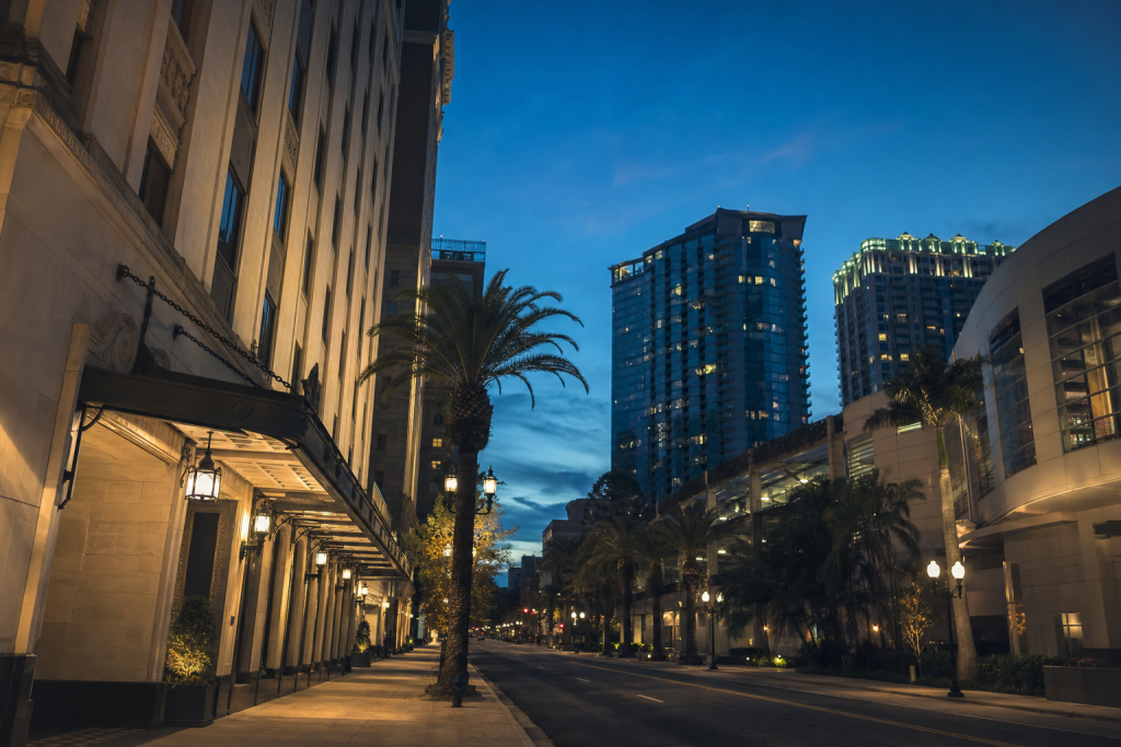 Street view in Orlando, leading lines, architectural detail, blue hour with mixed ambient and street lighting