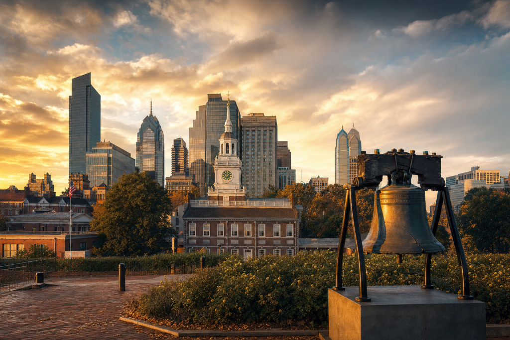 Philadelphia at golden hour, iconic landmarks visible, dramatic warm light