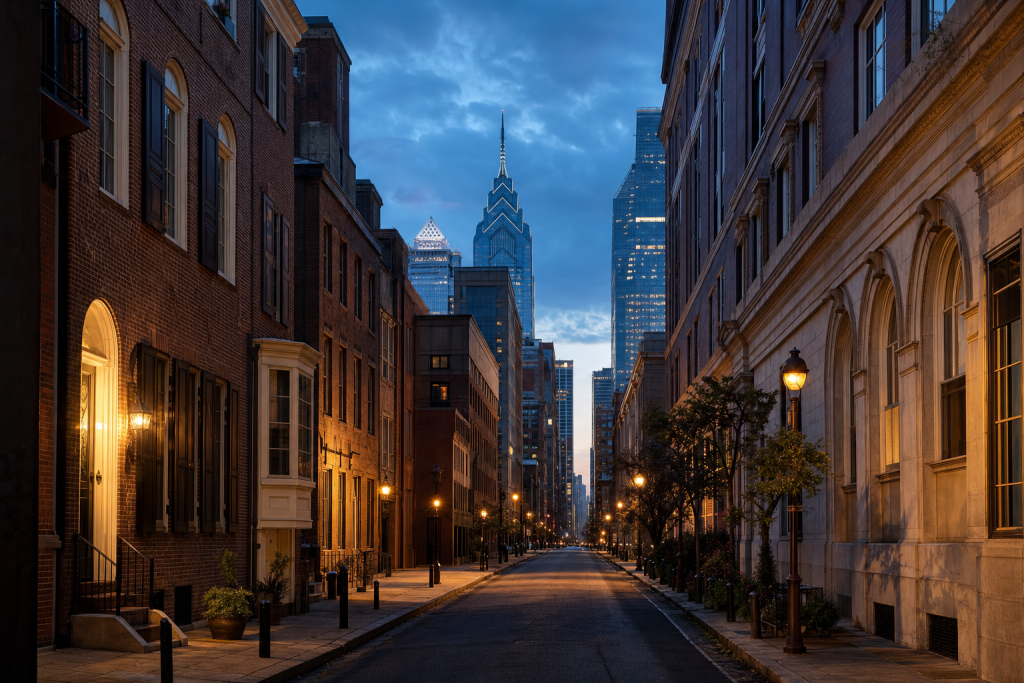 Street view in Philadelphia, leading lines, architectural detail, blue hour with mixed ambient and street