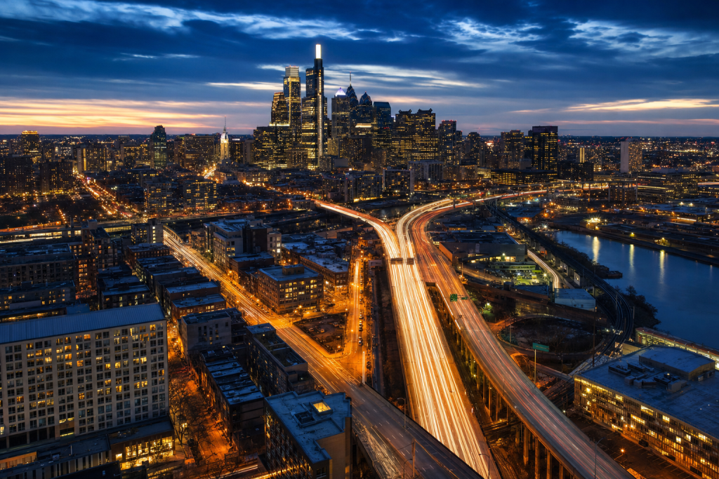 High-vantage view of Philadelphia during blue hour, glowing city lights, subtle motion blur in traffic