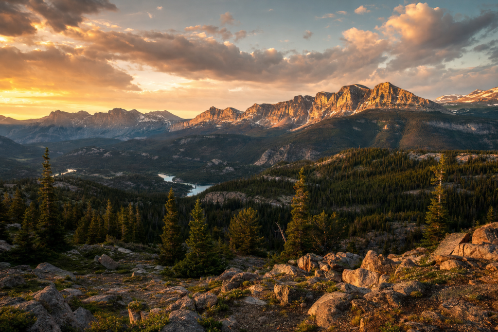 Rocky Mountain at golden hour, iconic landmarks visible, dramatic warm light